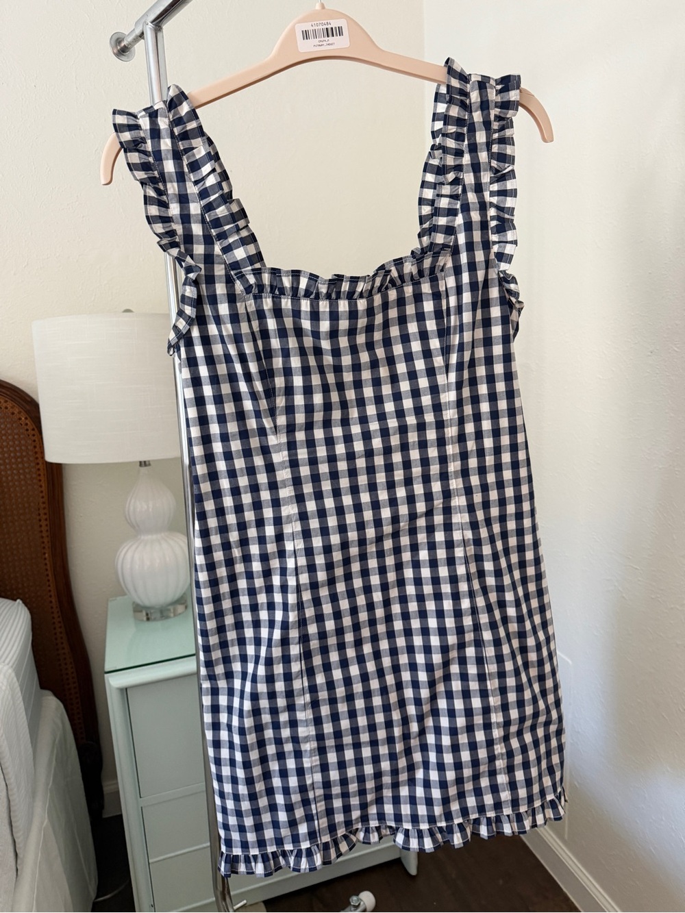 J.Crew Navy and White Gingham Ruffle Strap Dress